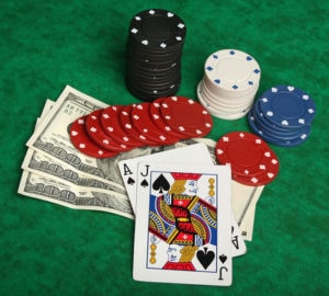 A winning blackjack hand with gambling chips