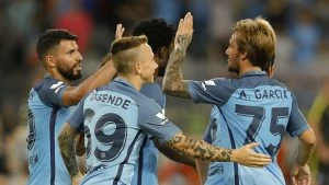 SHENZHEN, CHINA - JULY 28:  Sergio Aguero (L) of Manchester City celebrates with team mates after he scores the first goal during the 2016 International Champions Cup match between Manchester City and Borussia Dortmund at Shenzhen Universiade Stadium on July 28, 2016 in Shenzhen, China.  (Photo by Lintao Zhang/Getty Images)