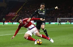 MIDDLESBROUGH, ENGLAND - NOVEMBER 20: Eden Hazard of Chelsea challenges Antonio Barragan of Middlesbrough during the Premier League match between Middlesbrough and Chelsea at Riverside Stadium on November 20, 2016 in Middlesbrough, England. (Photo by Jan Kruger/Getty Images)